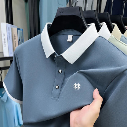Designer brand silk cotton short sleeve polo shirt summer new Korean casual men's T-shirt fashion embossed soft breathable top