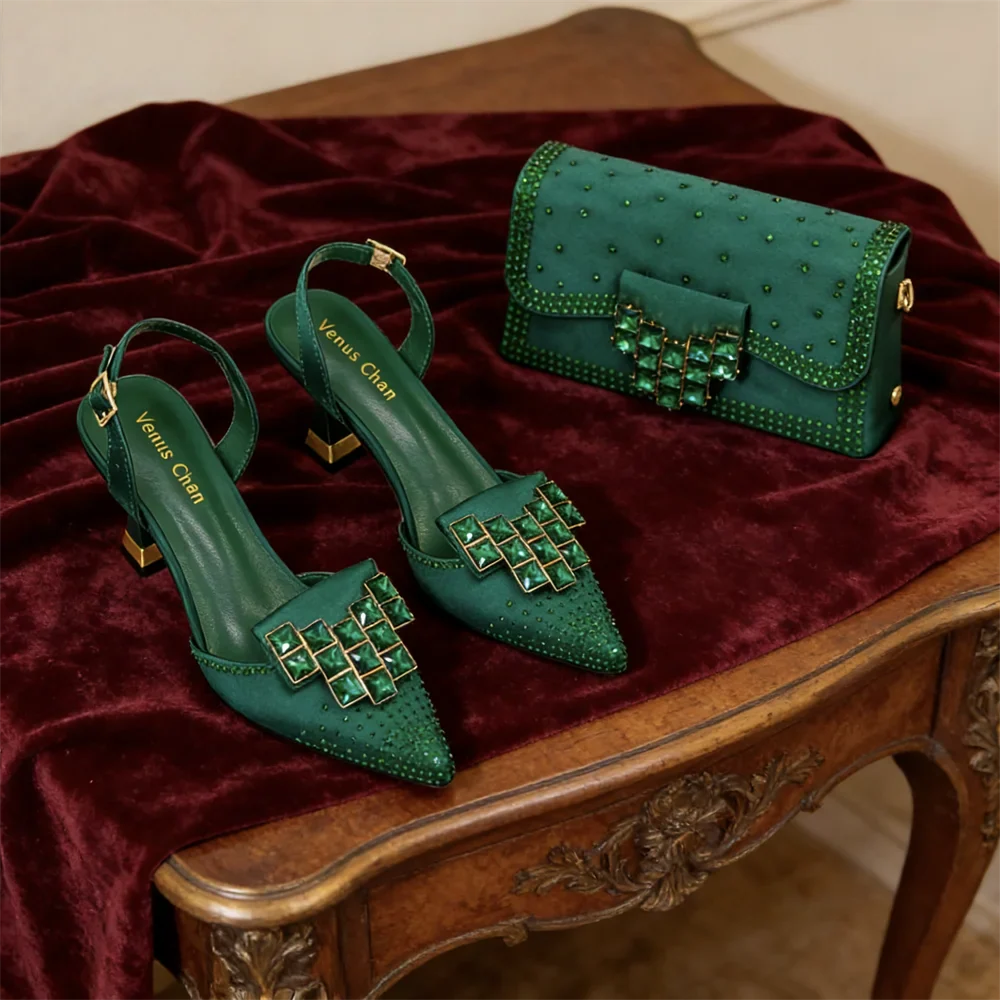 2026 Women's Elegant Green Rhinestone Slingback Heels & Matching Handbag Set - Stylish Pointed Toe Design