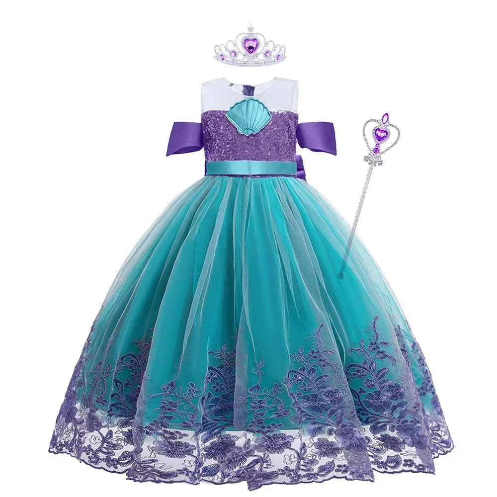 Vestido Ariel Pequena Sereia Princesa Fofa Menina Fantasia Cosplay Infantil Roupa de Festa Aniversário Halloween Vestido de Verão Menina