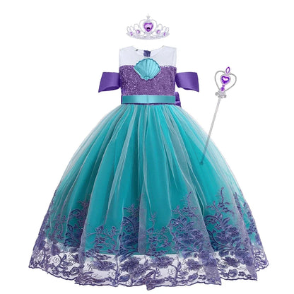 Vestido Ariel Pequena Sereia Princesa Fofa Menina Fantasia Cosplay Infantil Roupa de Festa Aniversário Halloween Vestido de Verão Menina