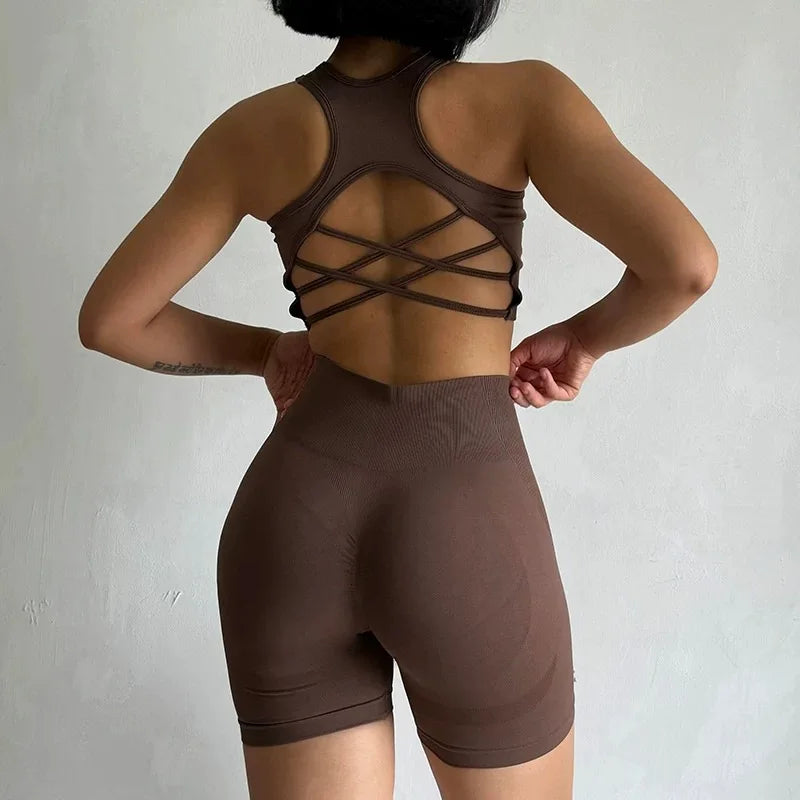 Women's yoga exercise set, paired with cross gathered back and high waisted hip lifting sports shorts