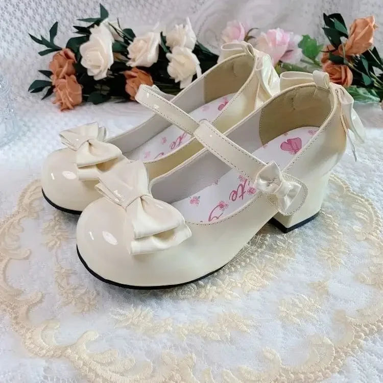 2024 Style Cute Round Head  Jane Pumps With Bow Women's Sweet Party Dress Midi Heels Shoes Fashion PU Sandals