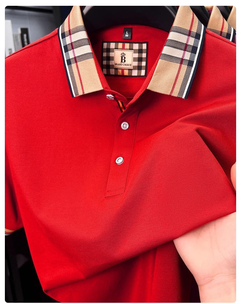 Fashion brand luxury short sleeve polo shirt men summer quality silky cotton breathable business casual striped collar T-shirt