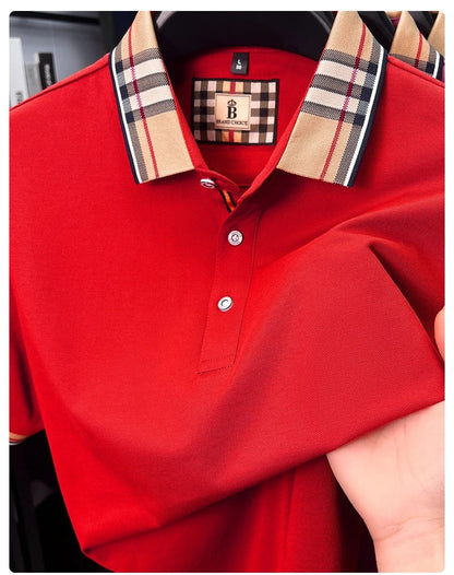 Fashion brand luxury short sleeve polo shirt men summer quality silky cotton breathable business casual striped collar T-shirt