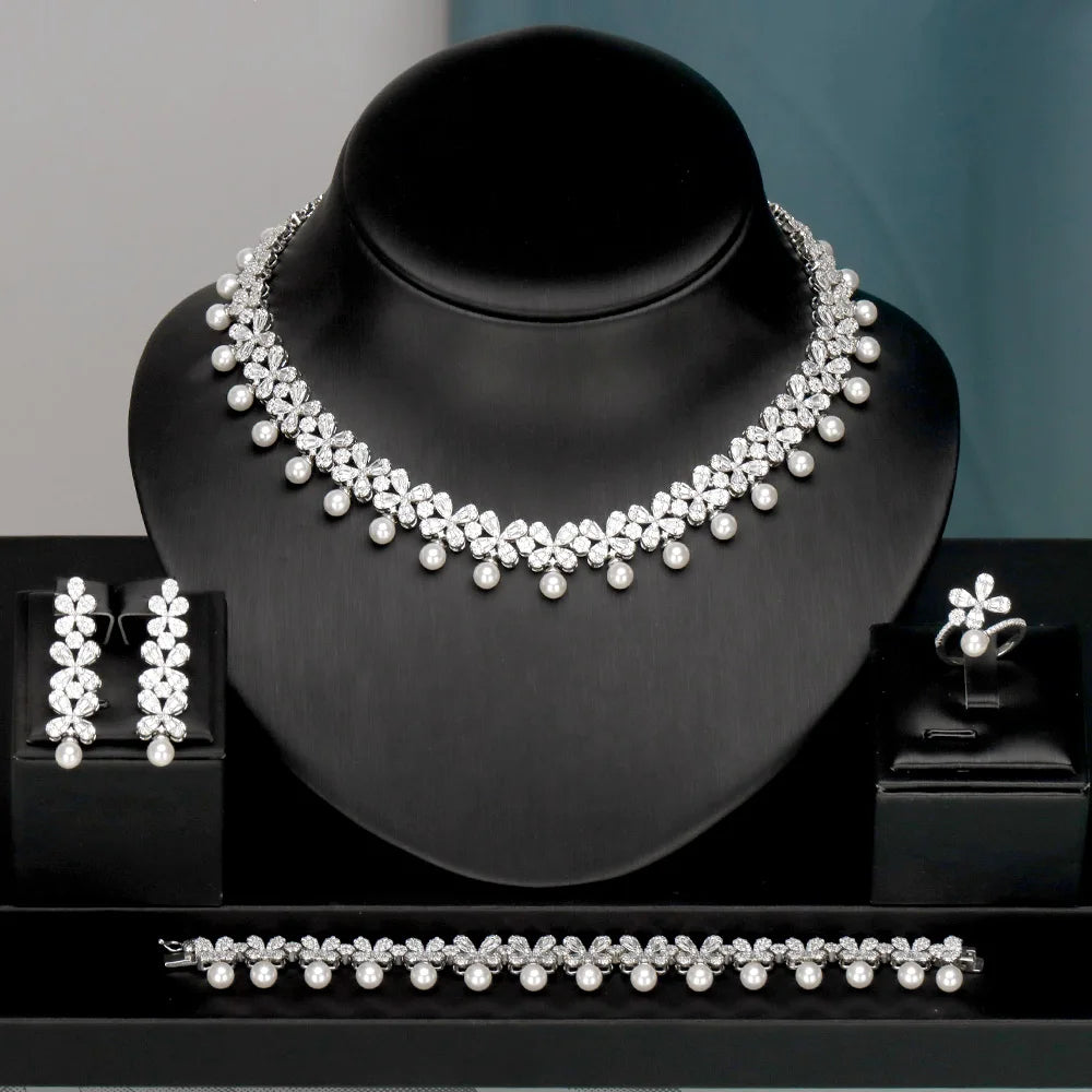 Luxury Cubic Zirconia Necklace Bracelet Earrings and Ring 4pcs Dubai Full Jewelry Set For Women,Bridal Dress Dinner