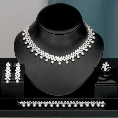 Luxury Cubic Zirconia Necklace Bracelet Earrings and Ring 4pcs Dubai Full Jewelry Set For Women,Bridal Dress Dinner
