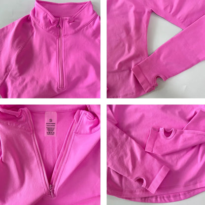 No Logo 2pcs Long Sleeve Yoga Set Women Half Zippy Jacket Longline Sports Top Gym Shorts Fitness Suits Running Coats Workout Set