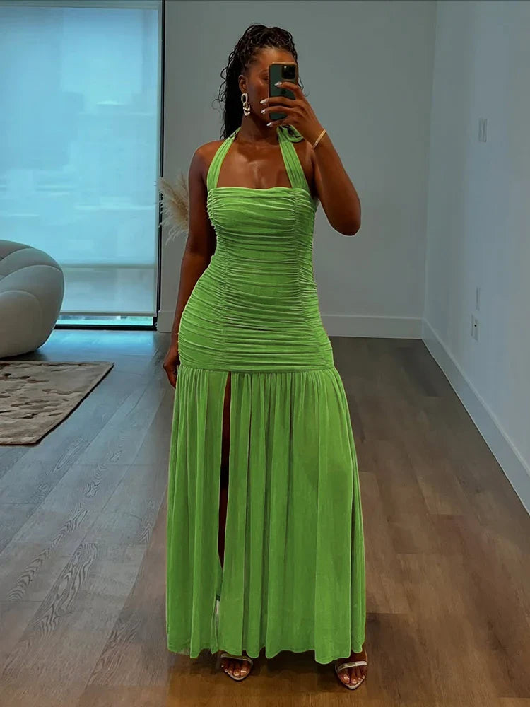 See Through Hem Dress Women Ruched Halter Summer Trend Sleeveless Backless Patchwork Midnight Clubwear Party Maxi Bodycon