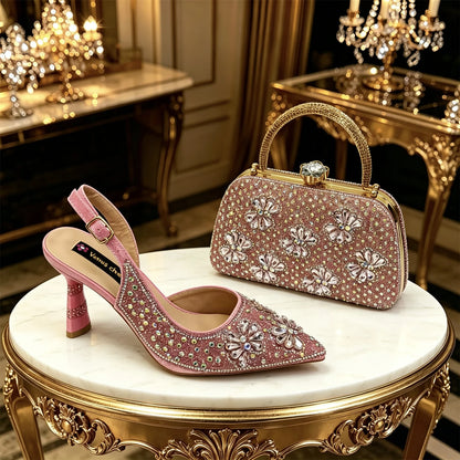 Gold Pointed Toe Rhinestone Heels & Bag Set, Sparkly Slingback Shoes for Women Wedding Party Evening Prom
