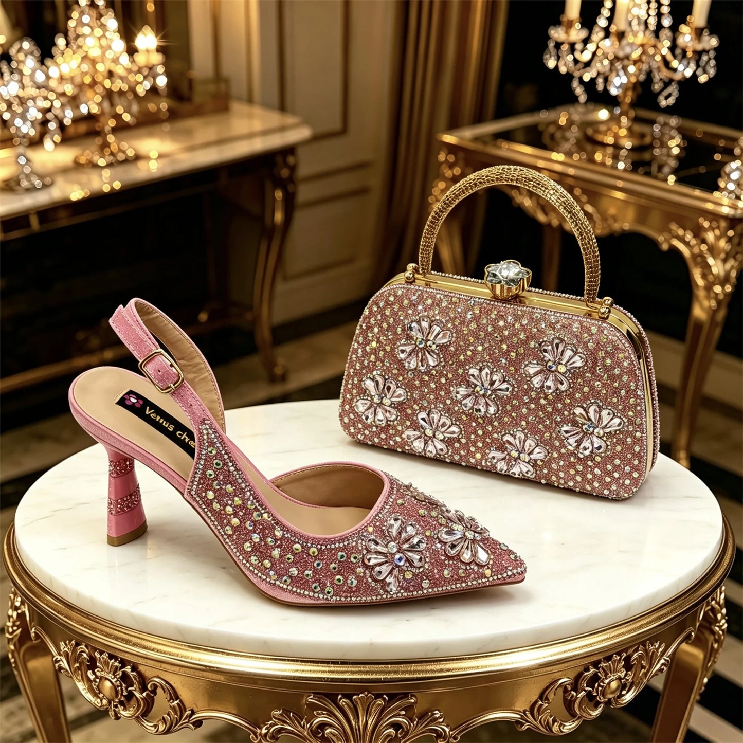 Gold Pointed Toe Rhinestone Heels & Bag Set, Sparkly Slingback Shoes for Women Wedding Party Evening Prom