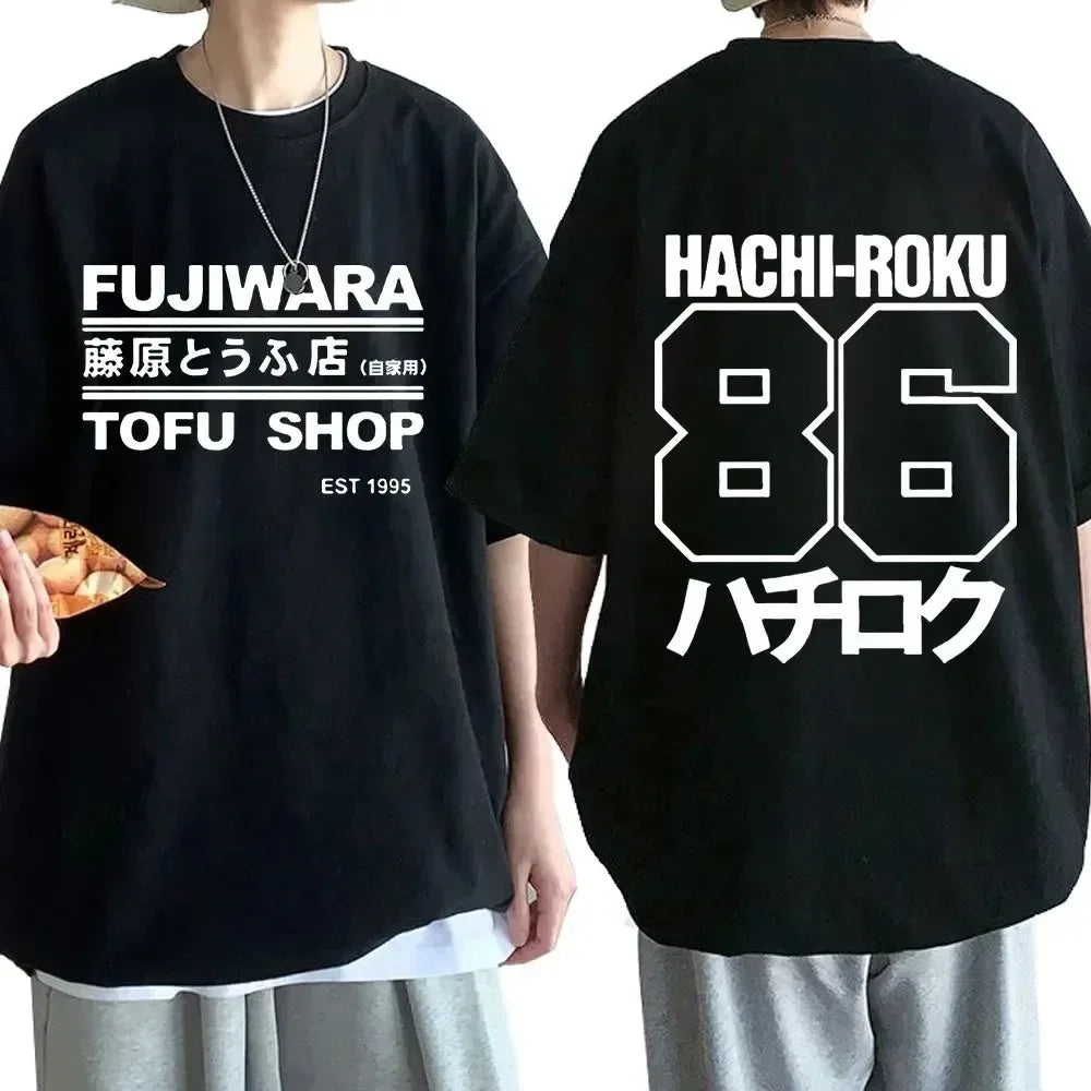 Anime Drift AE86 Initial D Double Sided T Shirt O-Neck Short Sleeves Summer Casual Unisex R34 Skyline GTR JDM Manga T-Shirts