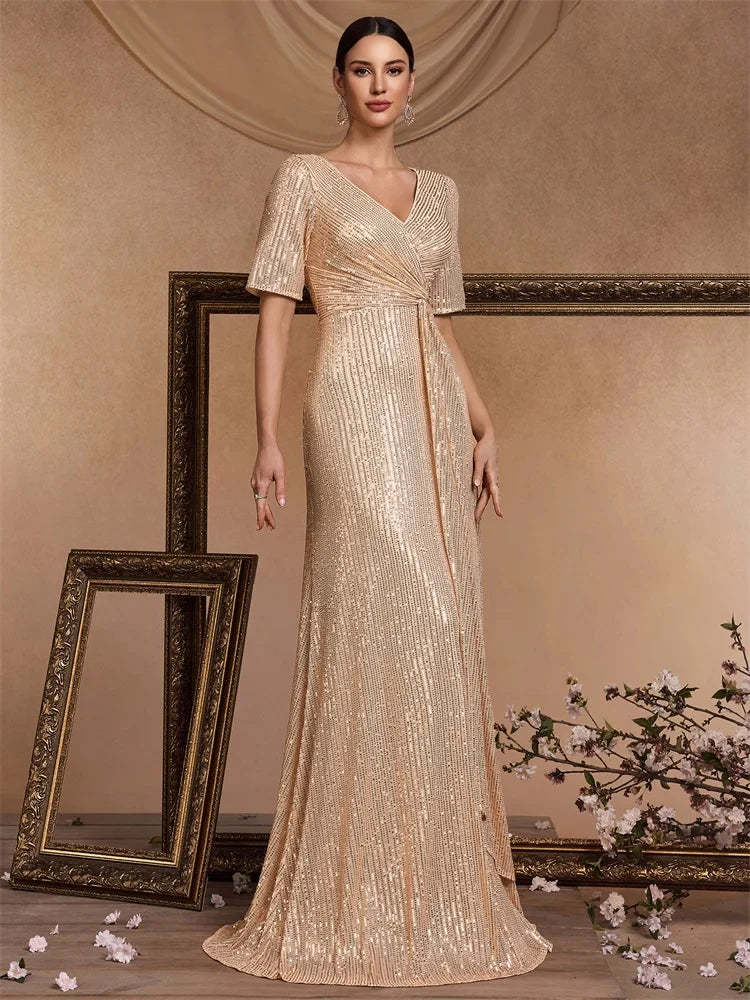 Luxury Floor Length V-Neck Evening Dress 2025 Women Elegant Party Maxi Sequin Short Sleeves Prom Cocktail Graduation Dress