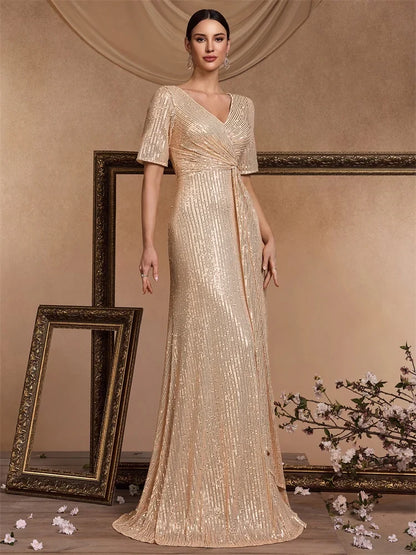 Luxury Floor Length V-Neck Evening Dress 2025 Women Elegant Party Maxi Sequin Short Sleeves Prom Cocktail Graduation Dress