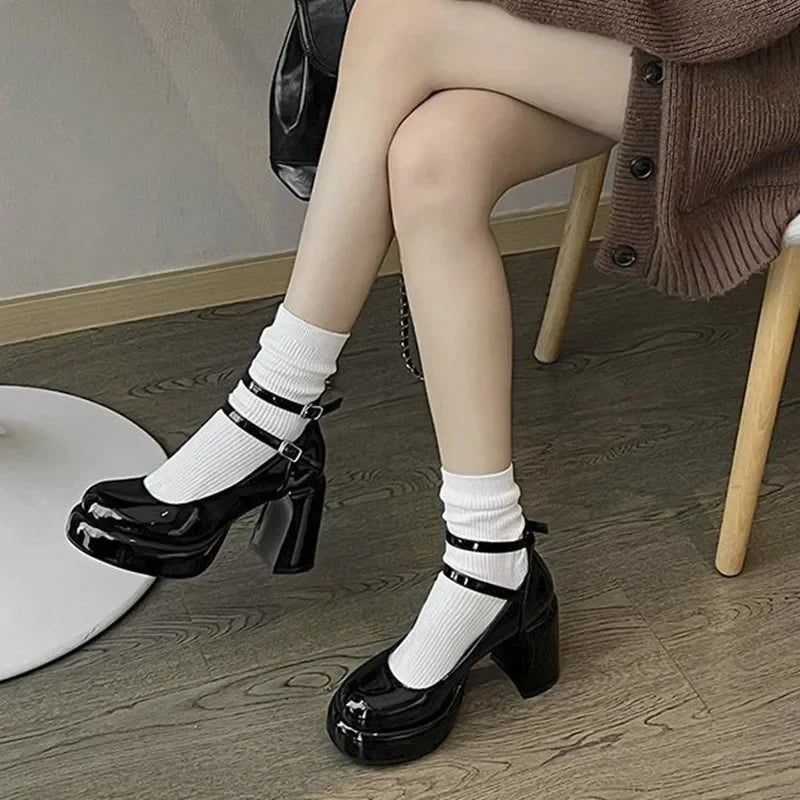 2024High Heels Women's Spring Autumn Pumps Shoes Red Black Retro Thick Soled  Jane  Ankle Buckle 9cm Chunky