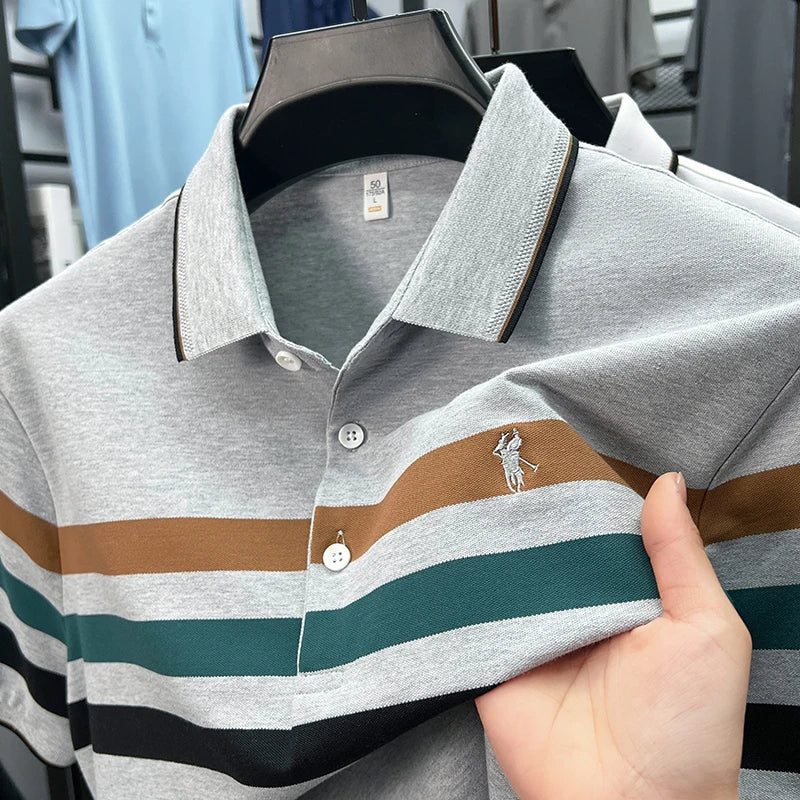 Boutique cotton short sleeve men's polo shirt 2025 summer fashion striped high-end flip collar top casual youth business T-shirt