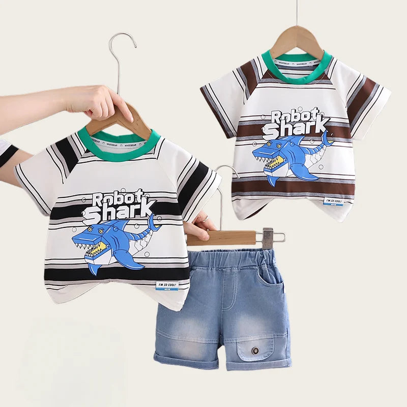 2026 Adorable Children Clothing Outfit Kids Boys Sets Summer 1-5Y Baby Boys Cotton Striped Shark Print T-Shirt and Denim Shorts
