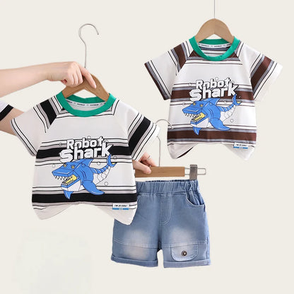 2026 Adorable Children Clothing Outfit Kids Boys Sets Summer 1-5Y Baby Boys Cotton Striped Shark Print T-Shirt and Denim Shorts