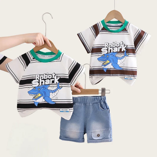 2026 Adorable Children Clothing Outfit Kids Boys Sets Summer 1-5Y Baby Boys Cotton Striped Shark Print T-Shirt and Denim Shorts