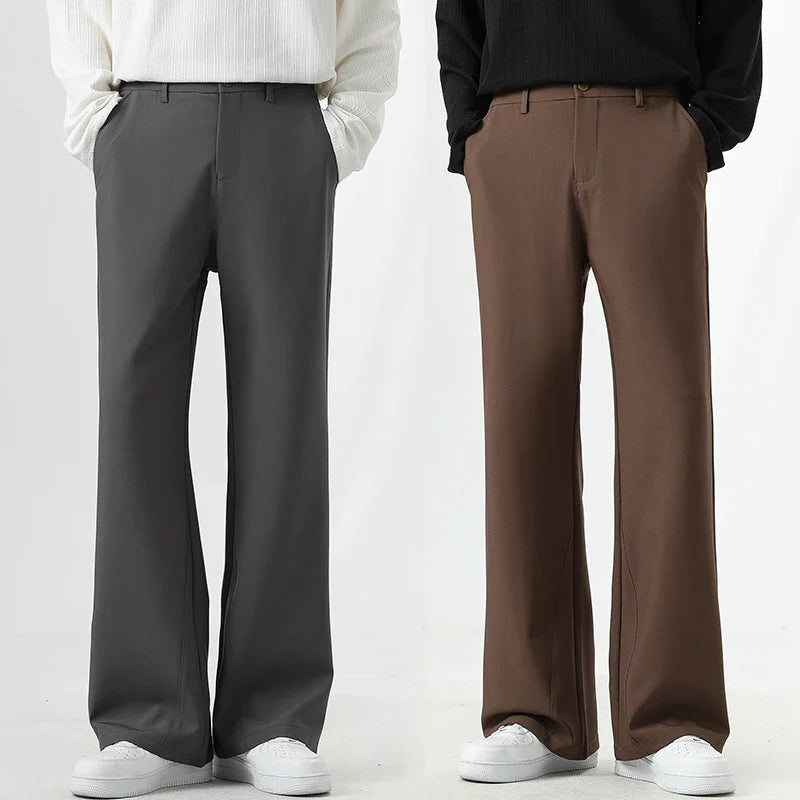 Men's Korean Fashion Small Flared Suit Pants Elastic Waist Drape Loose Straight Solid Color Business Office Casual Male Trousers