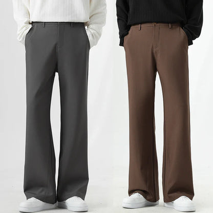 Men's Korean Fashion Small Flared Suit Pants Elastic Waist Drape Loose Straight Solid Color Business Office Casual Male Trousers