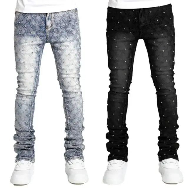 Men's denim fashion personality straight leg men's pants European and American fashion Instagram hot item elastic pearl denim la