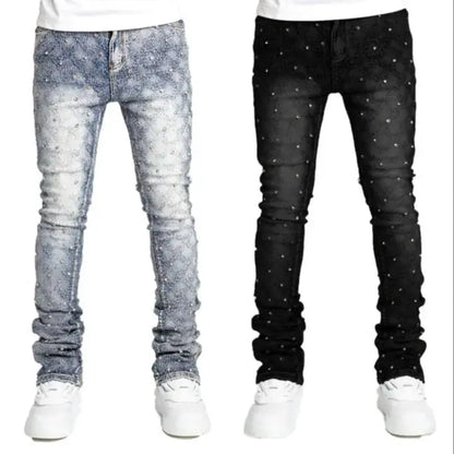 Men's denim fashion personality straight leg men's pants European and American fashion Instagram hot item elastic pearl denim la