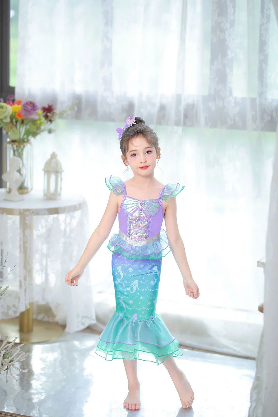 Ariel Cosplay Princess Costume Kids Cartoon Printed Dress Girls Halloween Children Carnival Birthday Party Clothes
