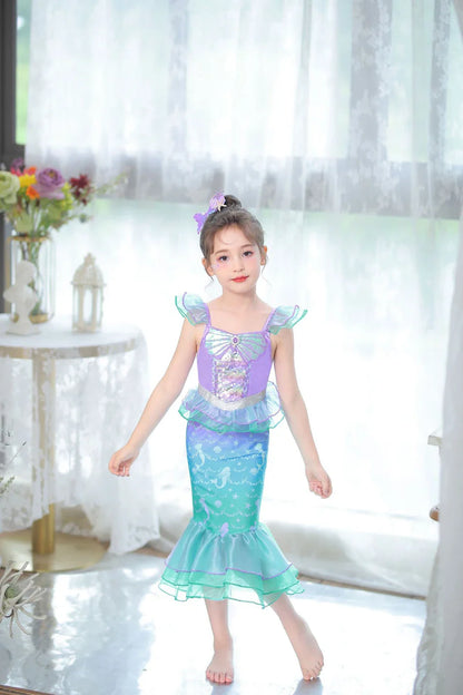 Ariel Cosplay Princess Costume Kids Cartoon Printed Dress Girls Halloween Children Carnival Birthday Party Clothes