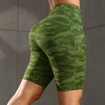 Women Solid Yoga Shorts with 3 Pockets High Waist Butt Lifting Workout Tights Gym Elastic Cycling Shorts Activewear