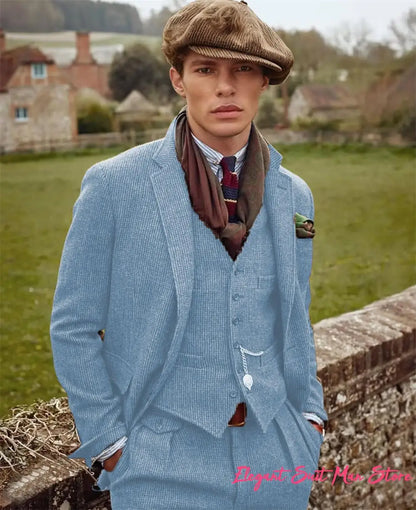 European Retro Wool Blend Men’s 3PC Suit Set Business (Jacket+Pants+Vest)Wedding Part Prom Dinner Wrok Travel Dinner Banquet