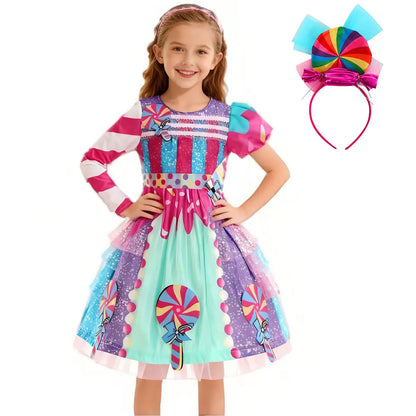Presente Clássico para Festa de Carnaval de Purim para Meninas Vestido Arco-Íris Assimétrico Longo e Curto com Manga Doce Conjunto de Vestidos Fofos para Férias de Natal