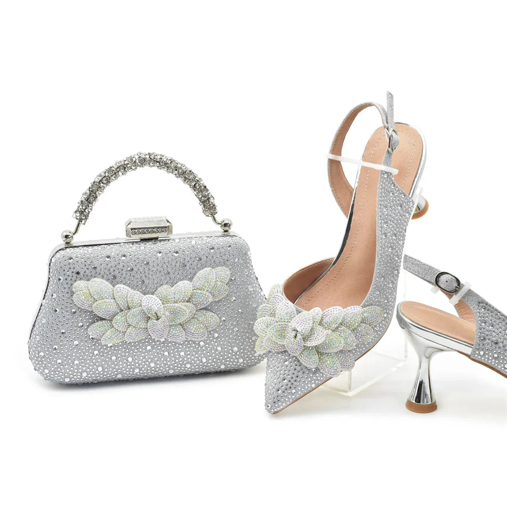 2026 Nigerian Style Rhinestone Medium Heeled Sandals for Women Fashion Wedding Party Shoes and Bags Set with Rhinestone