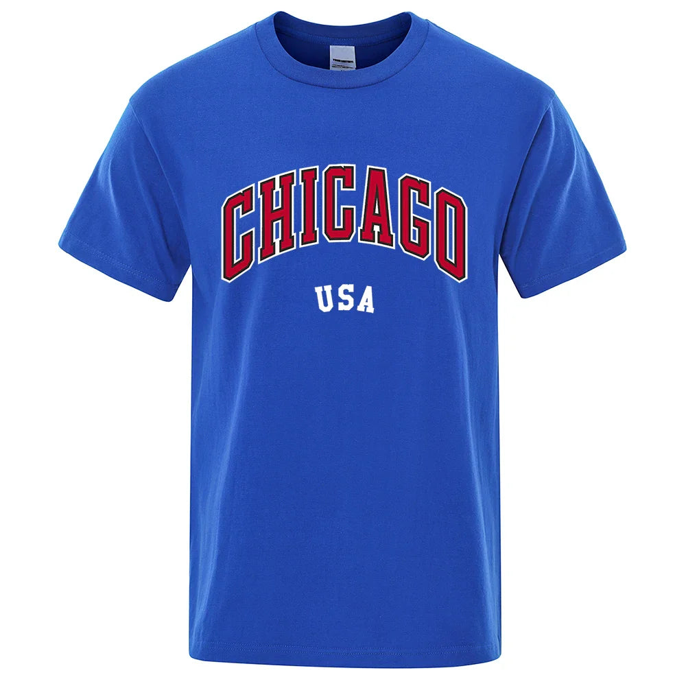 Chicago Usa City Street Letter Printing T Shirts Men Women Cotton Shirt Loose Breathable T Shirts Fashion O-Neck Oversized Tops