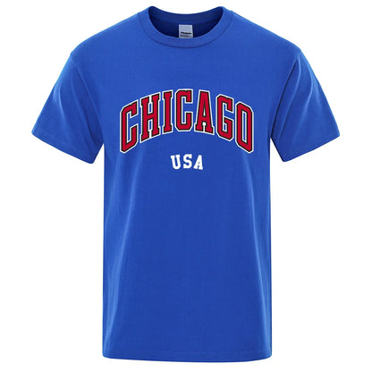 Chicago Usa City Street Letter Printing T Shirts Men Women Cotton Shirt Loose Breathable T Shirts Fashion O-Neck Oversized Tops