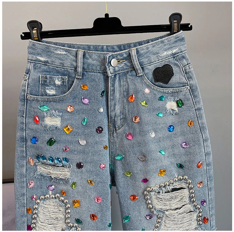 Colorful Diamond Studded Nail Bead Ripped Jeans Blue High Waisted Loose Shorts Shiny Fashionable Versatile Casual Trousers