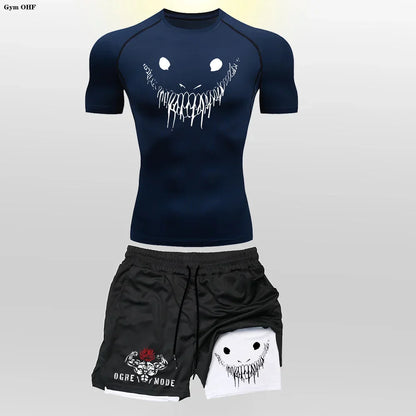 Funny Face 2 in 1 Shorts T Shirt Suits Men's Fitness Breathable Second Skin Compression Shirts Sets Gym Double Deck Shorts