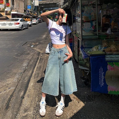 Verão American Style Vintage Feminino Jeans Folgado Y2k Solto Lavado Cintura Alta Calça Jeans Comprimento Joelho Streetwear Shorts Perna Larga