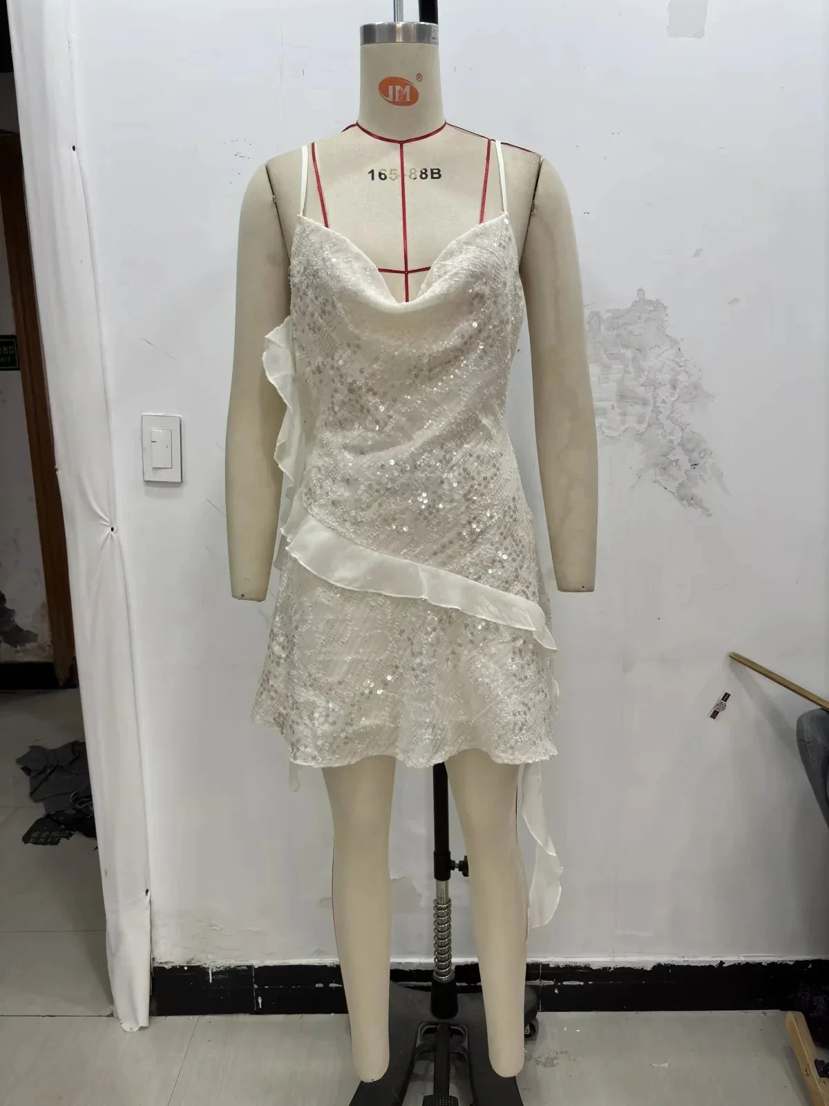 Women Dress Solid Cami Backless Sequined Tierred Mini Short Dress Fashion 2025 Fall Evening Club Party Dress