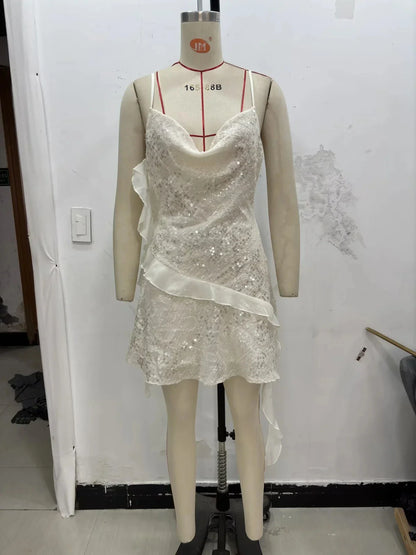 Women Dress Solid Cami Backless Sequined Tierred Mini Short Dress Fashion 2025 Fall Evening Club Party Dress