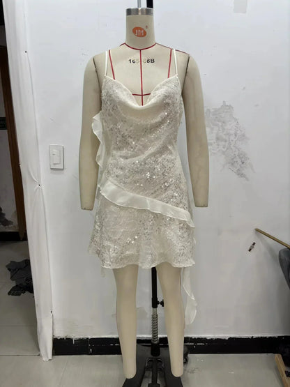 Sexy Chic Women Dress Solid Cami Backless Sequined Tierred Mini Short Dress Fashion 2025 Fall Evening Club Party Dress