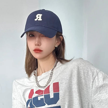 Large Head Circumference Baseball Cap Men's and Women's Dome Hat Soft Top Cap 60/65cm Sun Protection  Letter R Hat Adult Caps
