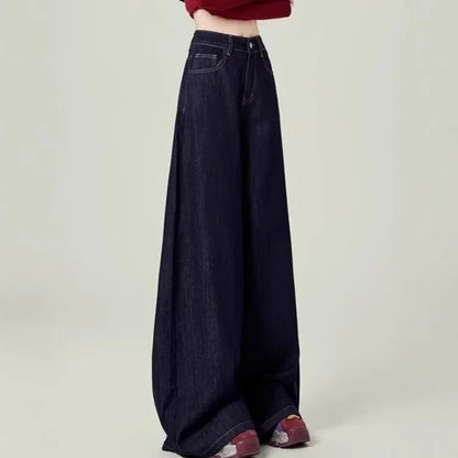 Calça Jeans Feminina Azul Estilo Americano Cintura Alta Perna Larga Solta que Emagrece Caimento Drapeado Comprimento Longo Primavera Outono Tendência