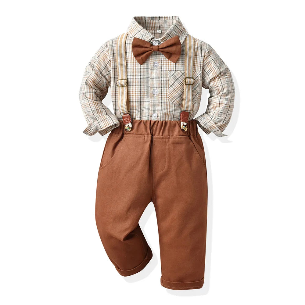 Boy Autumn Cotton Long Sleeve Plaid Shirt and Strap Pants Set Boys' Strap Pants Set Boy Red Pants and Shirts for 70cm-160cm