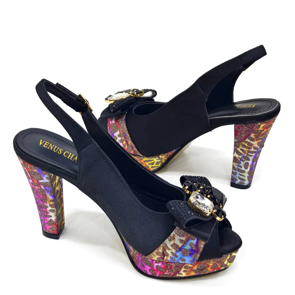 Shoes for Women High Heels INS Style Rhinestone Peep Toe Bow Gold Color New Italian Shoes and Bag for Party 2024