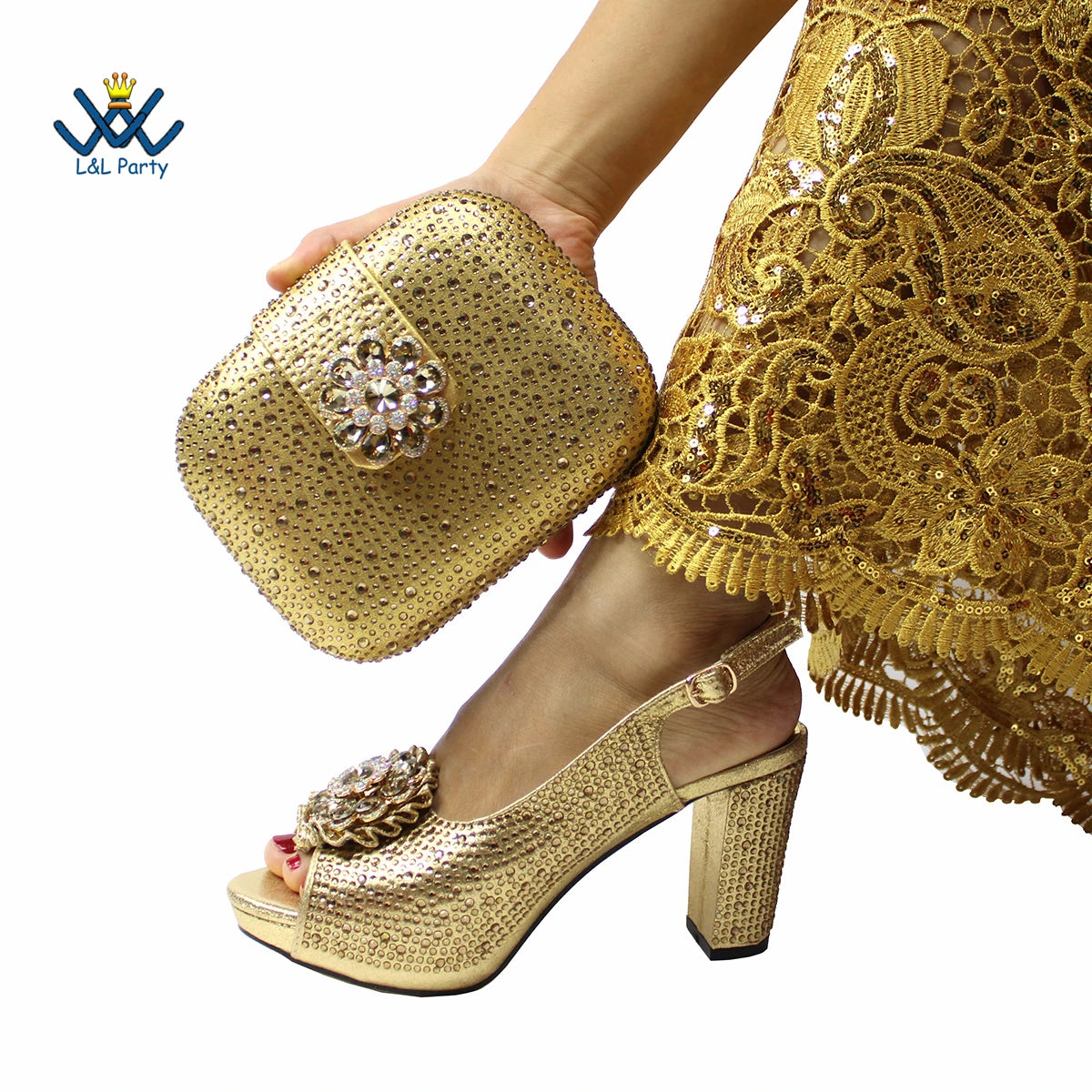 Special Design Women Crystal Style African Ladies Party Shoes Matching Bag in Magenta Color