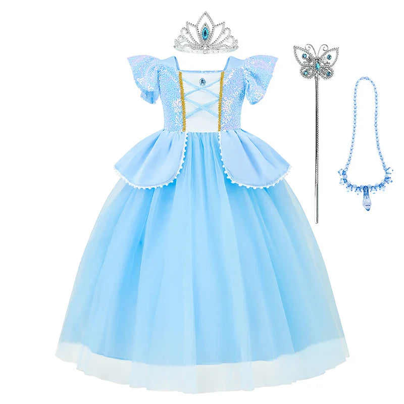 Girls Cosplay Cinderella Costume Deluxe Lace Dress Birthday Party Princess Fairy Tale Grace Ball Gown Butterfly Clothes