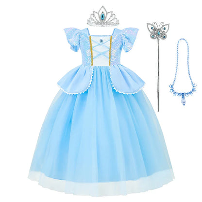 Girls Cosplay Cinderella Costume Deluxe Lace Dress Birthday Party Princess Fairy Tale Grace Ball Gown Butterfly Clothes