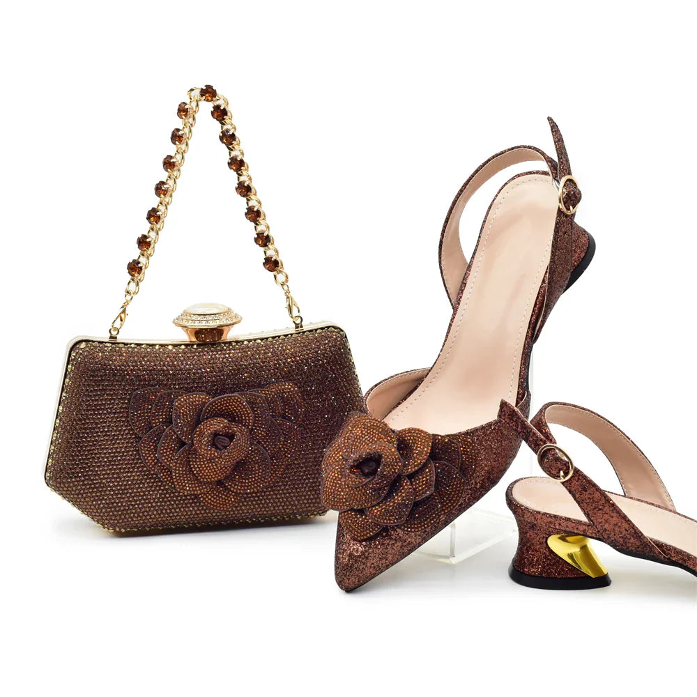 Fashion Nigerian Women Shoes and Bag Set Decorated with Rhinestone in Italy African Party Italian Shoe and Bag Luxury Pumps