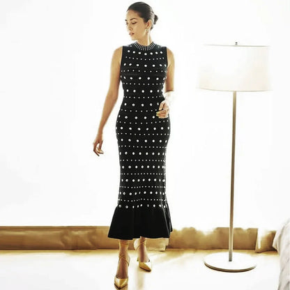 High Quality Elastic Knitted New Fashionable Round Neck Luxurious Hot Plate Sleeveless Slim Fit Women's Dress