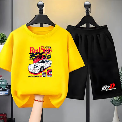 Summer Cool Boy Girl Tshirt Children T-shirt+Shorts Set Japanese manga racing car Fashion Print Toddler 3-12Yrs white clothing